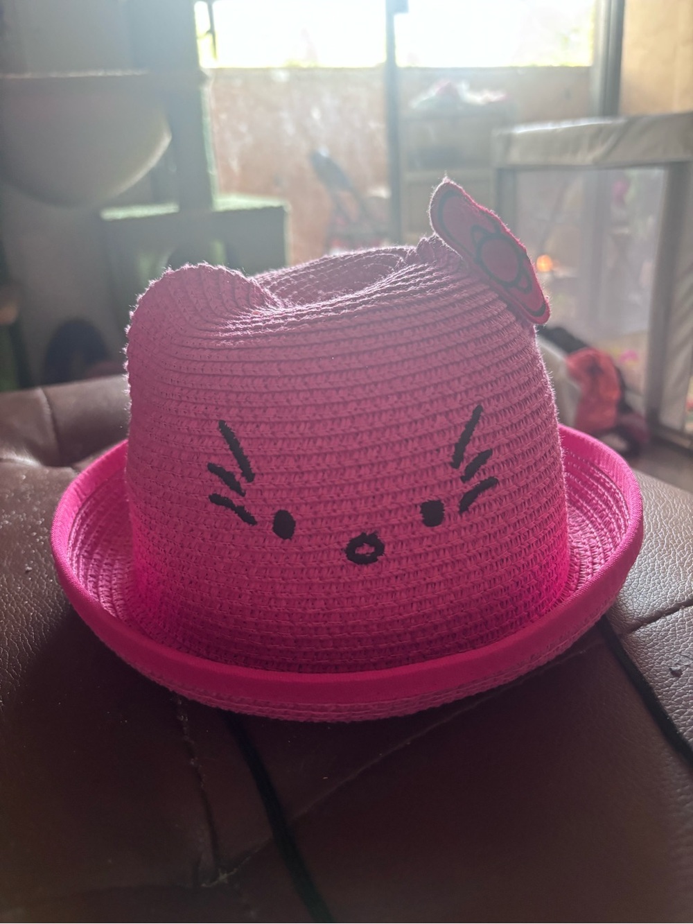 Kids Pink hello kitty Cat Face Straw Hat with Bow